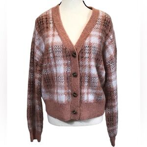 Cupcakes & Cashmere Womens Plaid Cardigan Size M Fuzzy Cropped Oversized Sweater